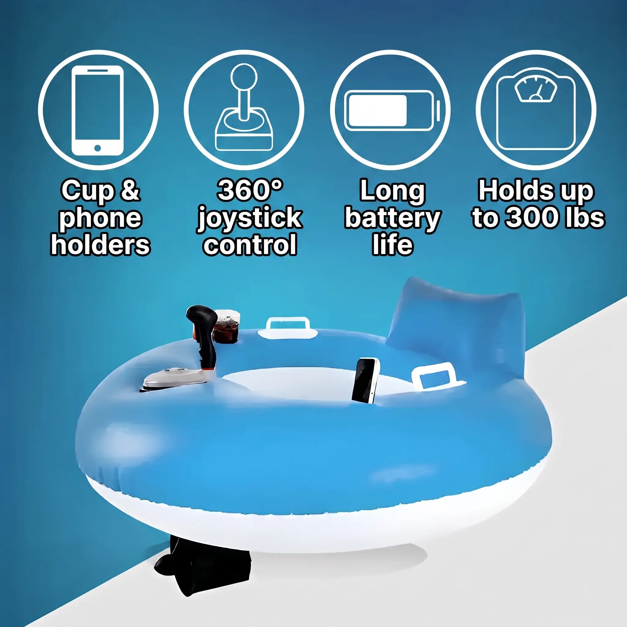 Cup and phone holders, 360 degree joystick control, long battery life, holds up to 300 lbs