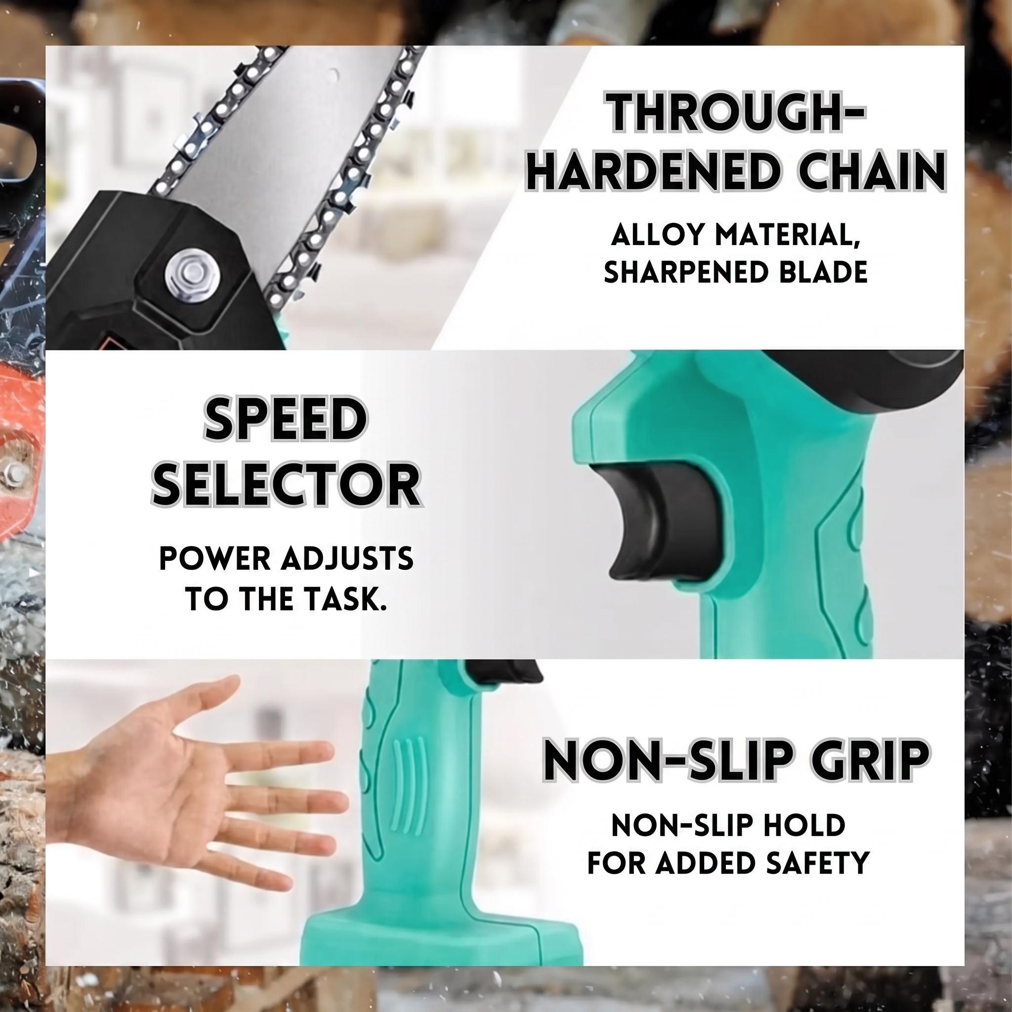 Through-hardened chain, speed selector, non-slip grip