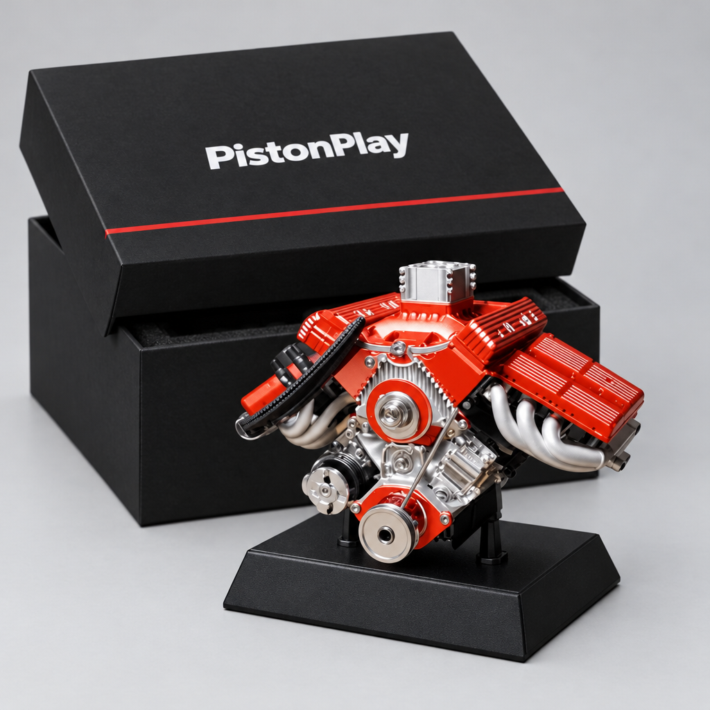 The PistonPlay box and the assembled V8 engine on its stand