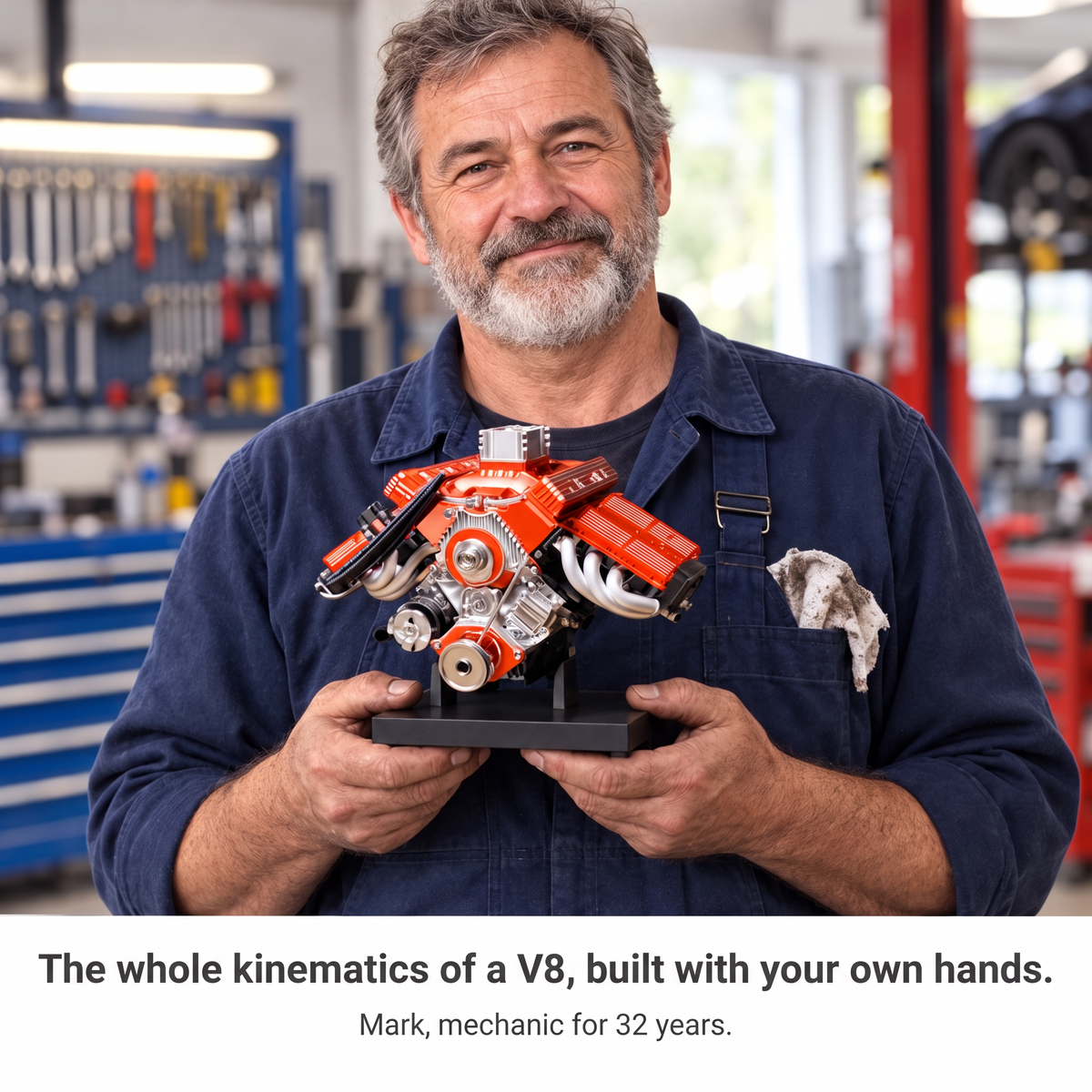 Mark, a mechanic for 32 years, holds the PistonPlay engine in his workshop