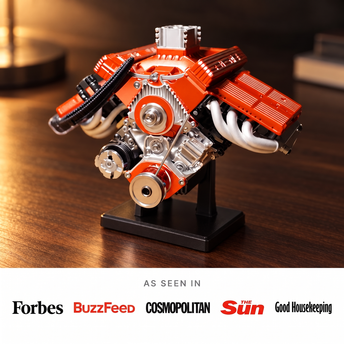 PistonPlay engine on a walnut desk, as seen in Forbes, BuzzFeed, COSMOPOLITAN, THE SUN and Good Housekeeping