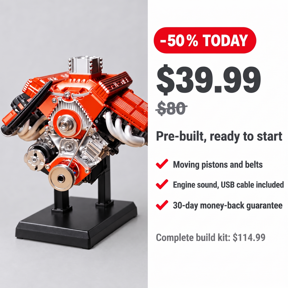 PistonPlay offer: pre-built model $39.99 instead of $80, complete kit $114.99, 30-day money-back guarantee
