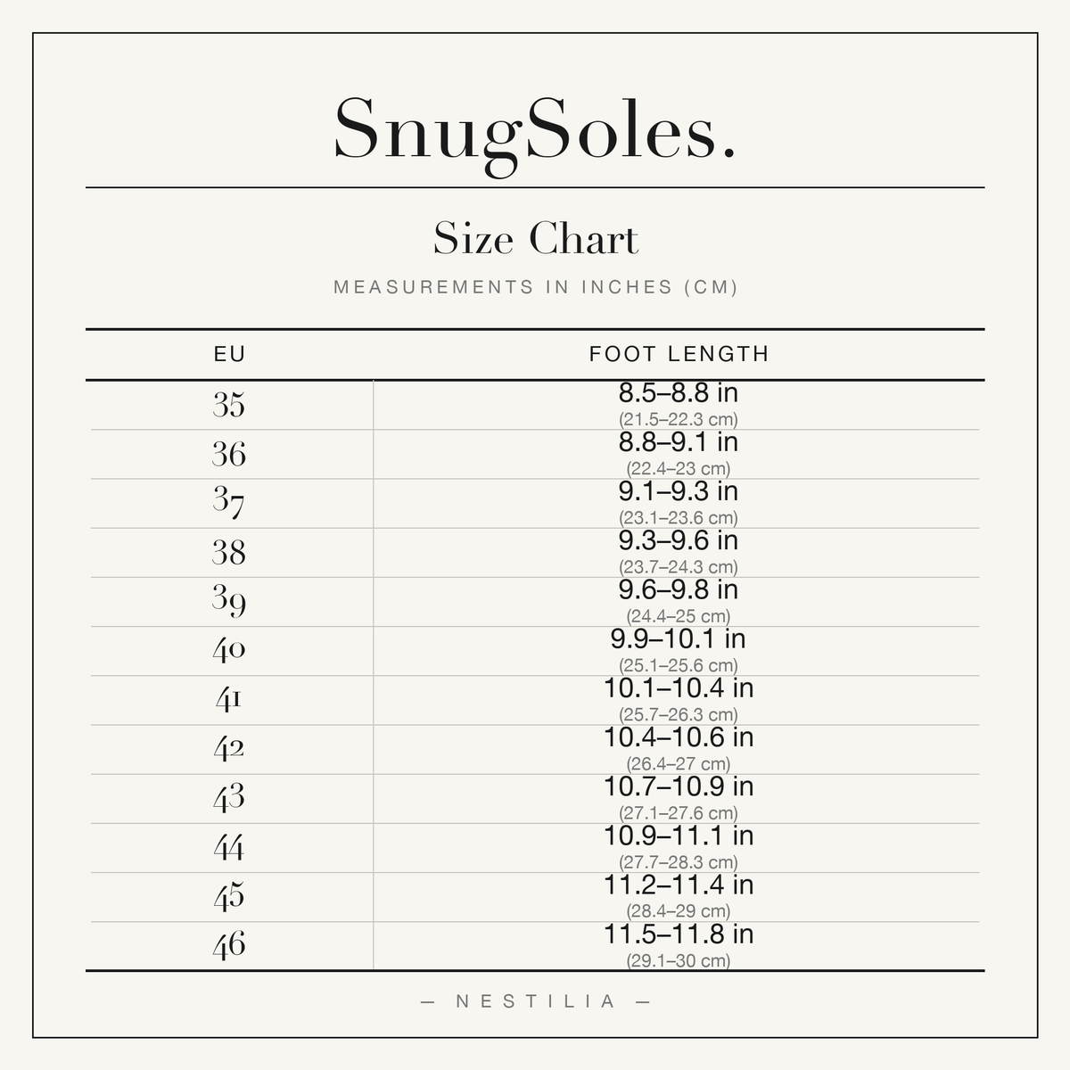 SnugSoles size chart