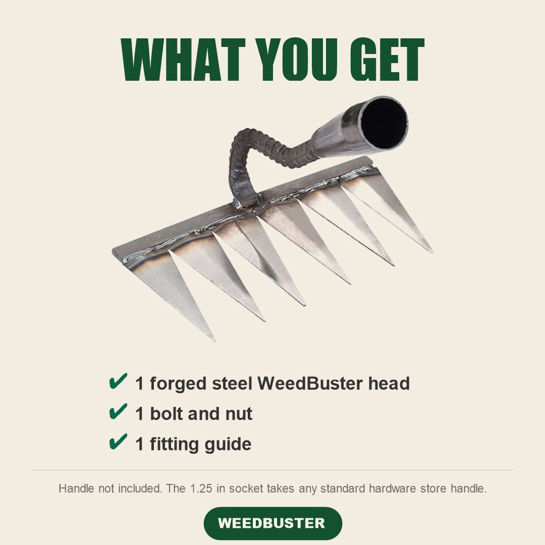 What you get: 1 forged steel WeedBuster head, 1 bolt and nut, 1 fitting guide