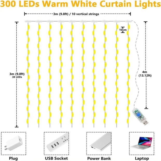 3M LED Curtain String Lights USB
