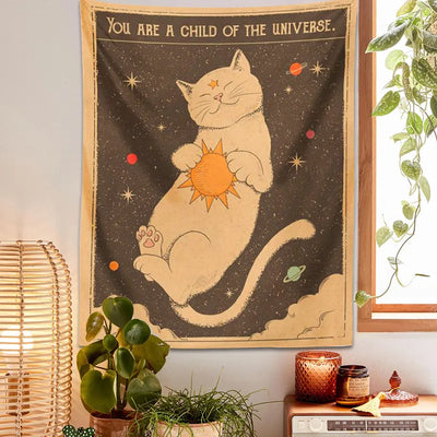 Bohemian Sun Moon Tarot Cat Tapestry