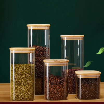 Square Glass Storage Jars with Bamboo Lid