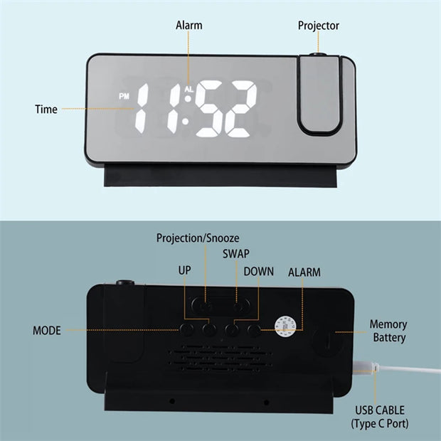 Projection Alarm Clock LED Digital Time Temperature Display