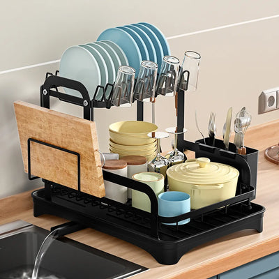 Efficient 2-Tier Dish Drying Rack with Drain Basket and Plug for Kitchen Organization