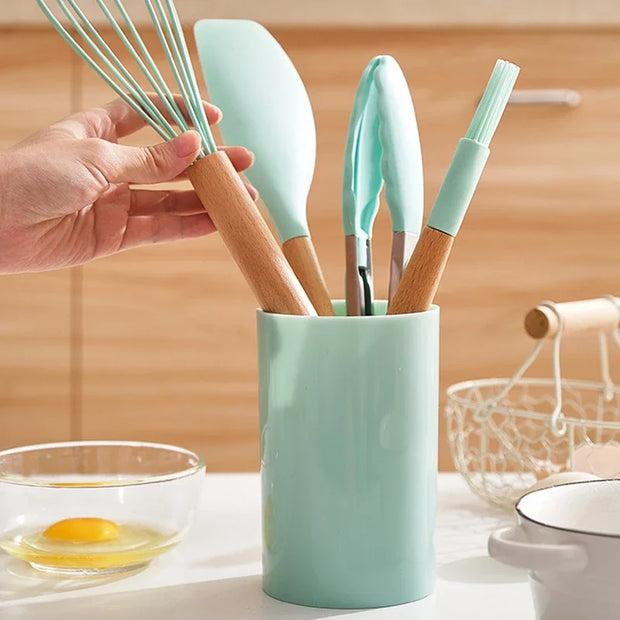 12Pcs Silicone Cooking Utensils Set with Wooden Handles