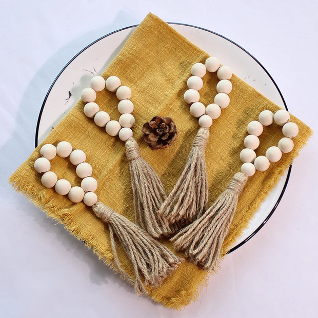 12PCS Wooden Bead Napkin Rings with Tassels