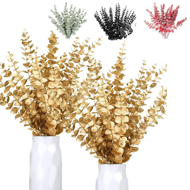 10PCS Gold Eucalyptus Leaf Artificial Plants