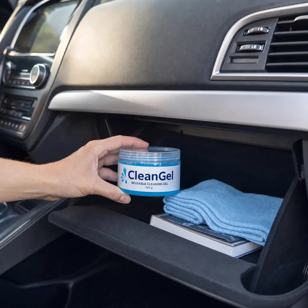 CleanGel jar stored in the glove box of a clean car