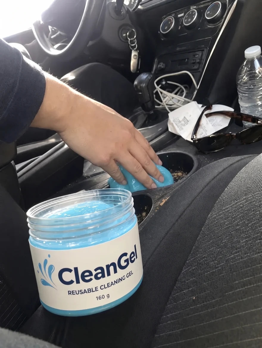 Customer photo: blue CleanGel jar on the seat, the gel pressed into a cup holder full of crumbs