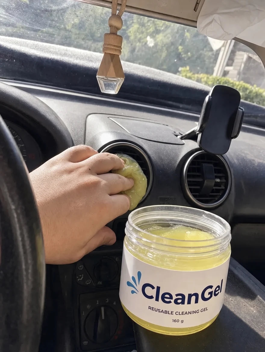 Customer photo: yellow CleanGel pressed into a round air vent, jar open on the dashboard