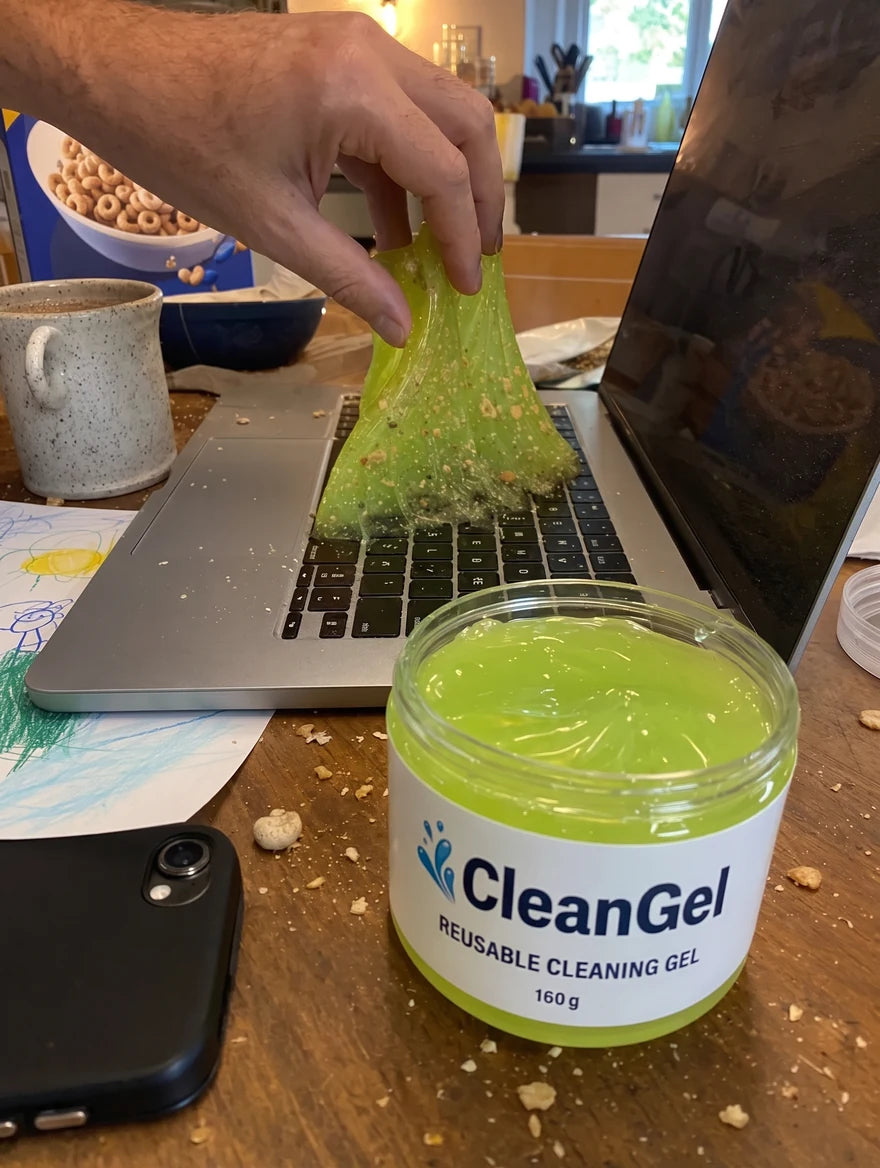 Customer photo: green CleanGel lifted off a laptop keyboard on a kitchen table, crumbs caught inside