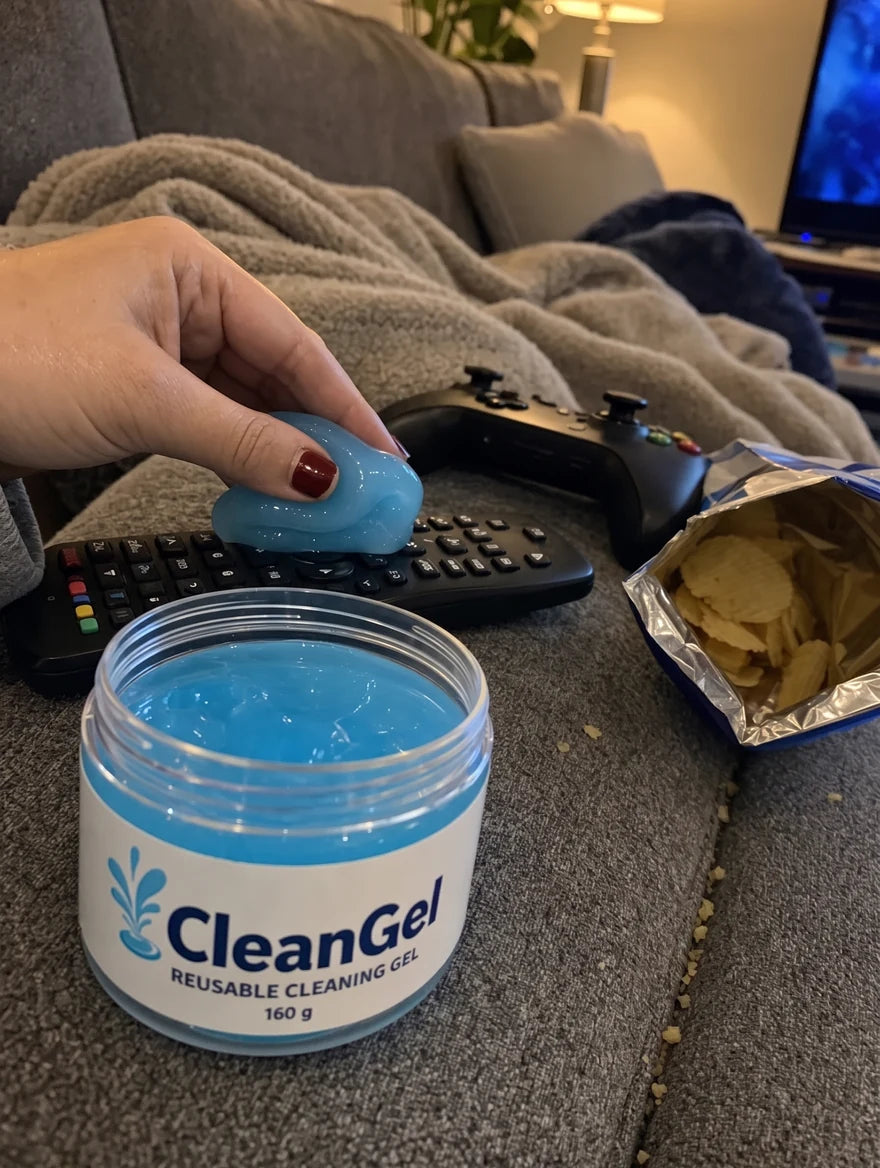 Customer photo: blue CleanGel pressed onto a remote, couch and game controller