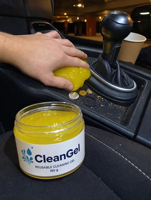 Customer photo: yellow CleanGel pressed next to the gear shift