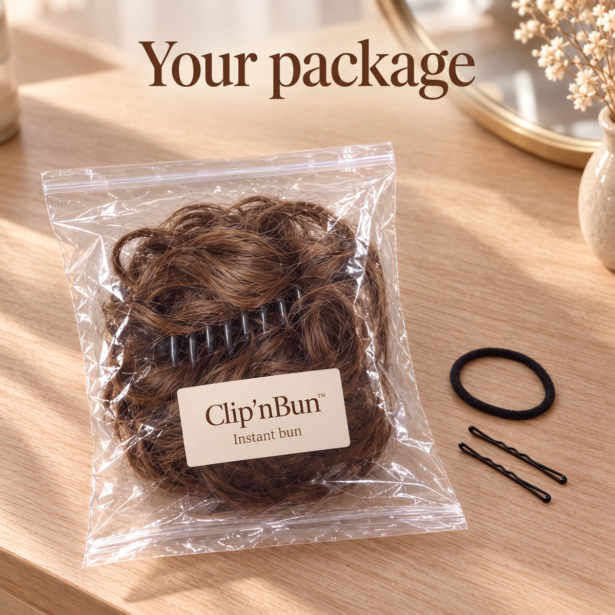 Your Clip'nBun package: zip bag, hair tie and 2 bobby pins