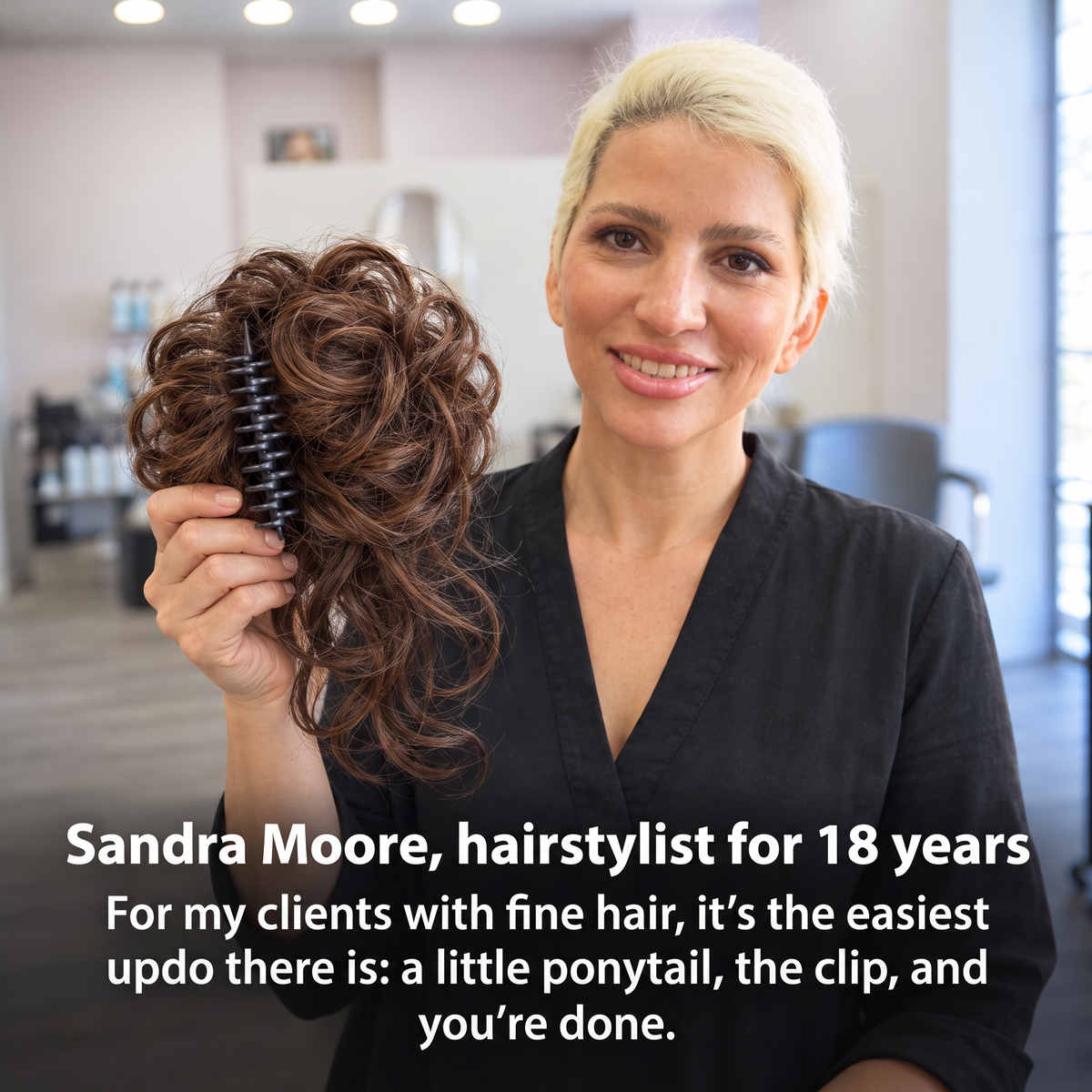 A hairstylist holds up the Clip'nBun bun in her salon