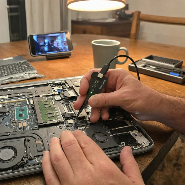 CircuitSense probe on the motherboard of an open laptop, green light on