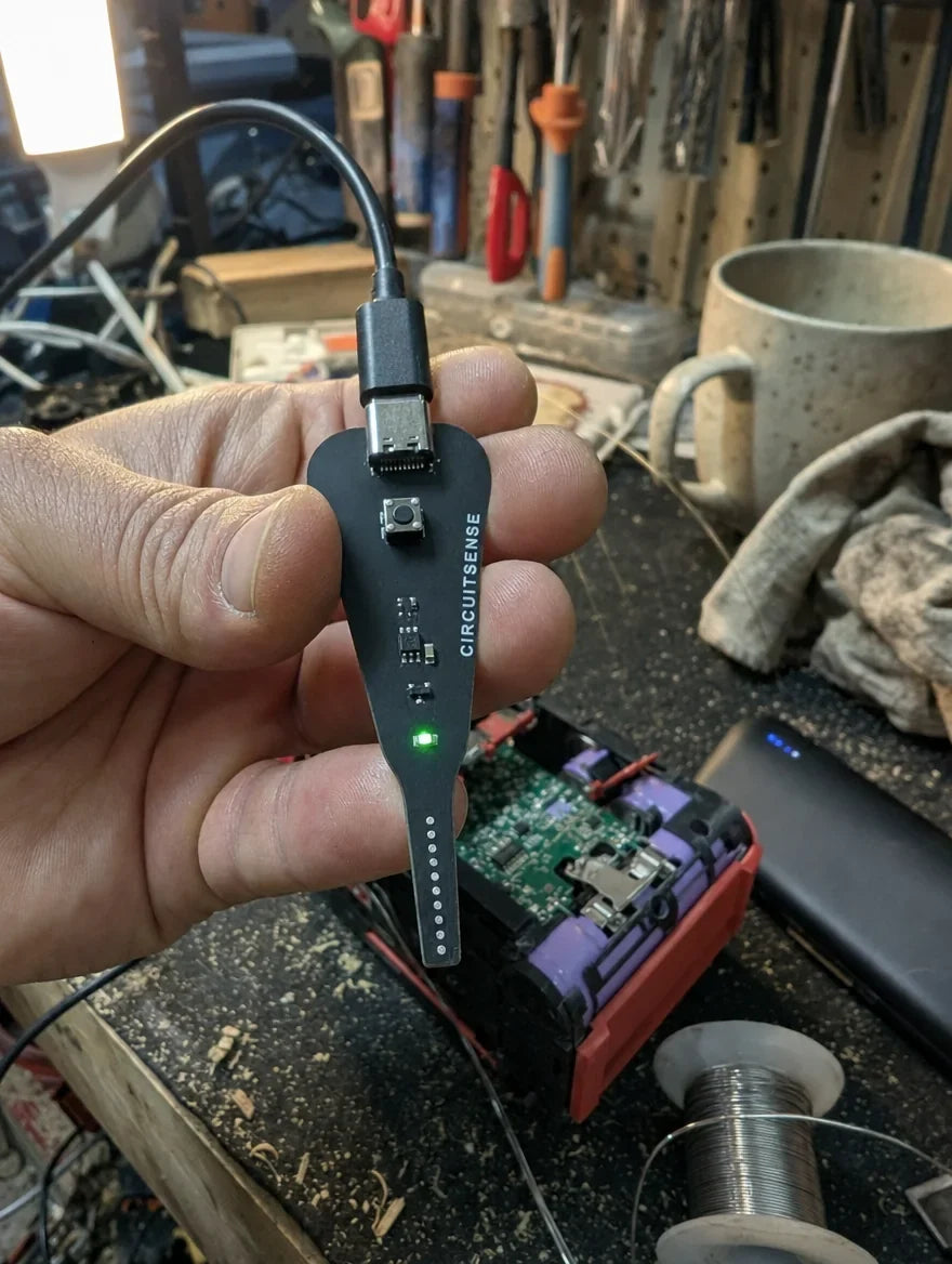 Customer photo: CircuitSense probe held over an open drill battery on a garage workbench