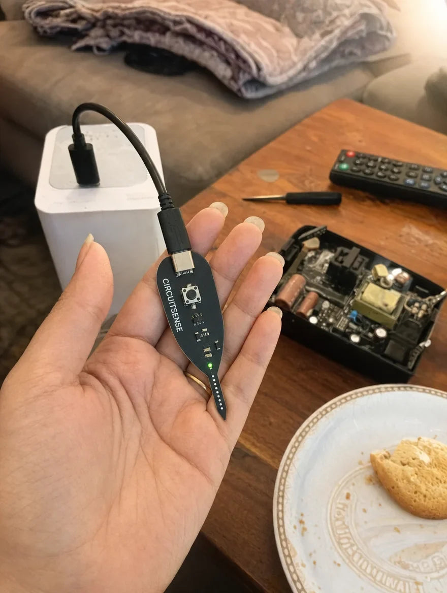 Customer photo: CircuitSense probe held in hand over an open laptop charger on a coffee table