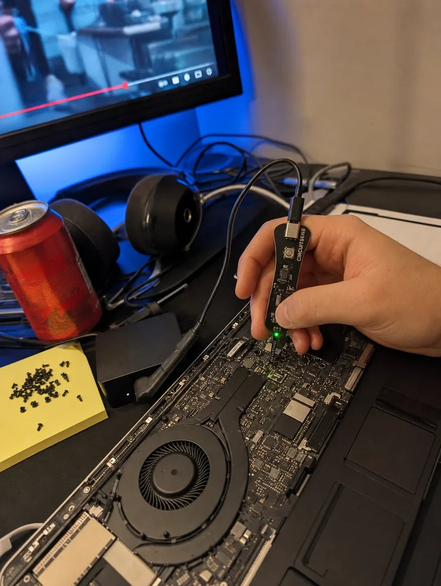 Customer photo: CircuitSense probe on the motherboard of an open gaming laptop on a desk