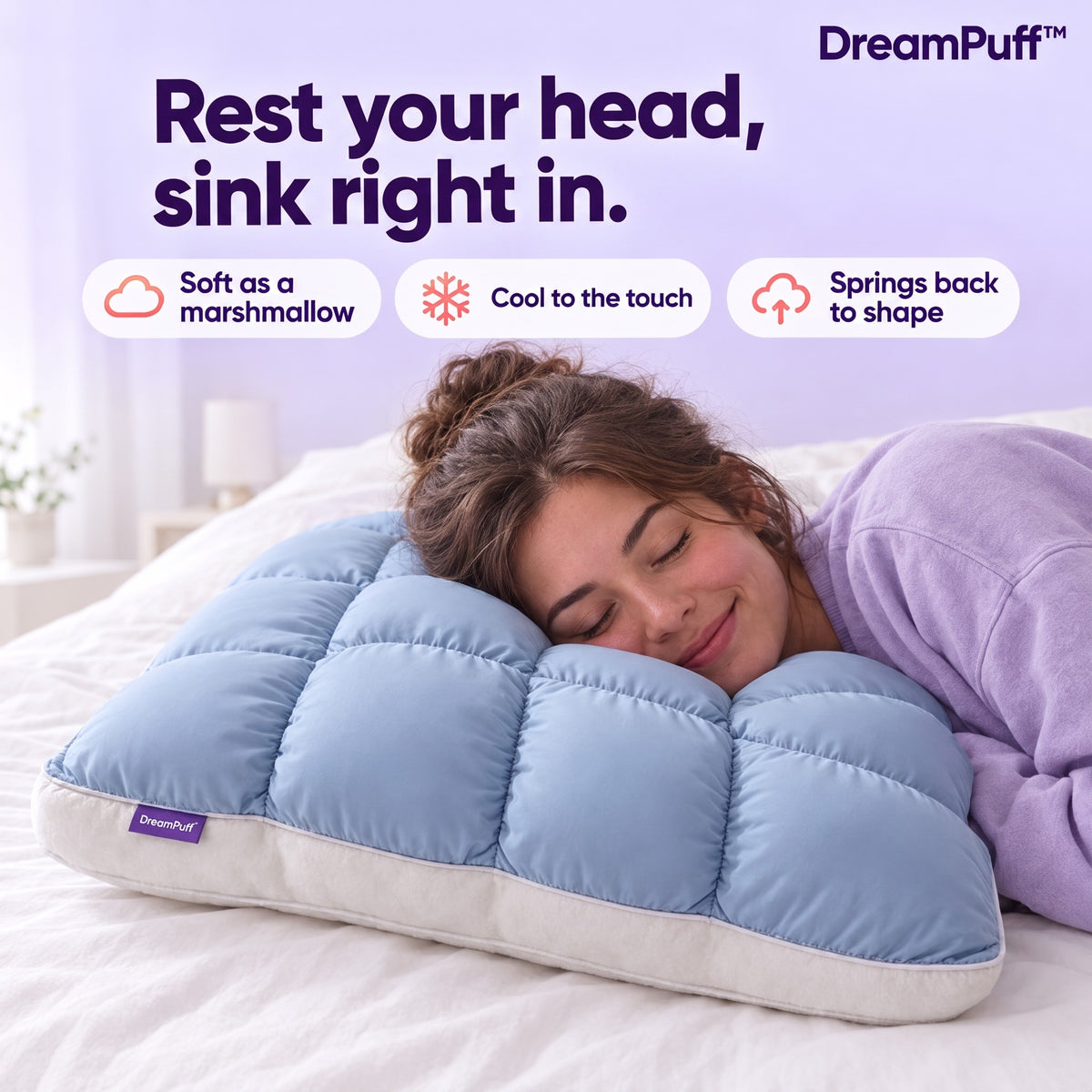 Rest your head, sink right in: baby blue DreamPuff, soft as a marshmallow, cool to the touch