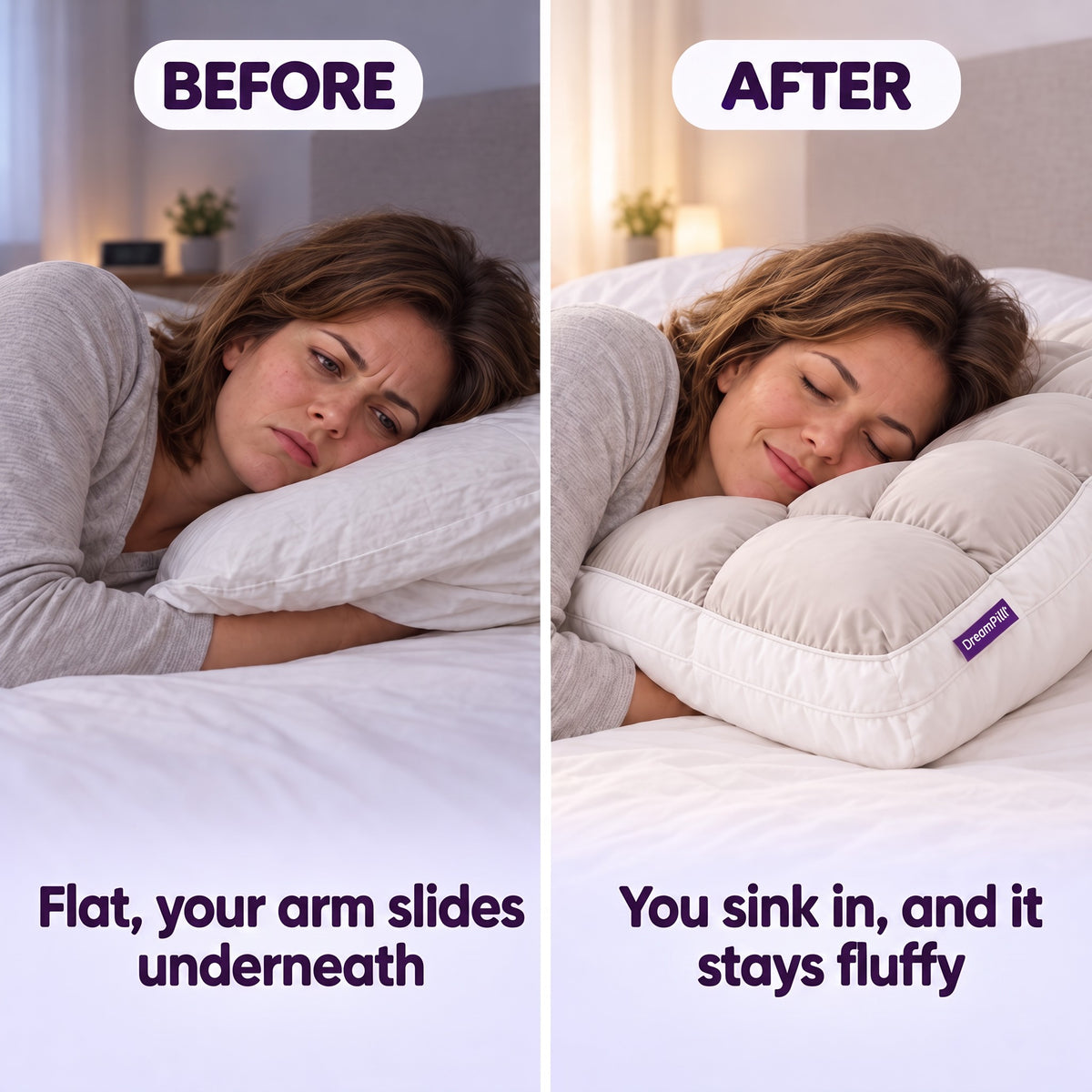 Before: flat pillow. After: sinking into DreamPuff