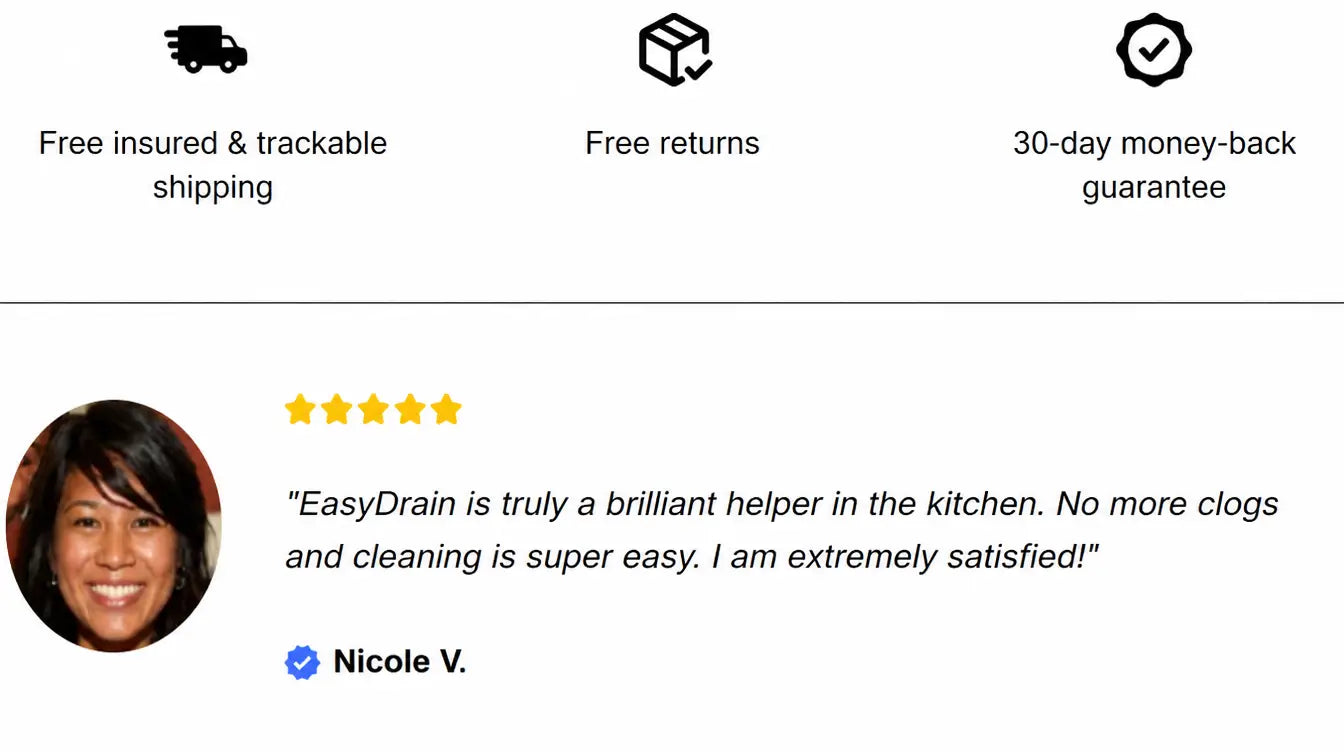 Free insured & trackable shipping, free returns, 30-day money-back guarantee, and a 5-star customer review