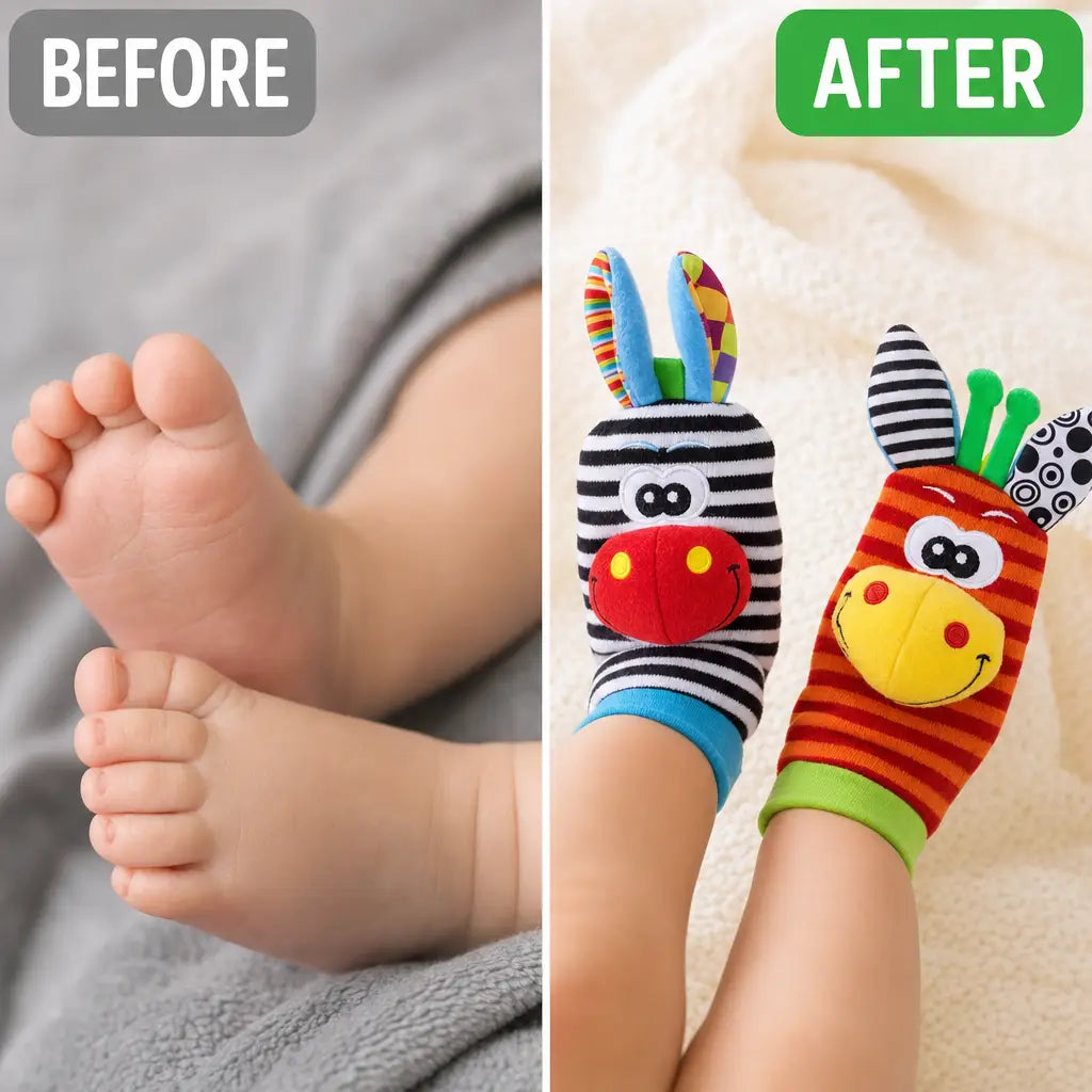 Before and after close up: still bare feet versus kicking feet in RattlePals rattle socks