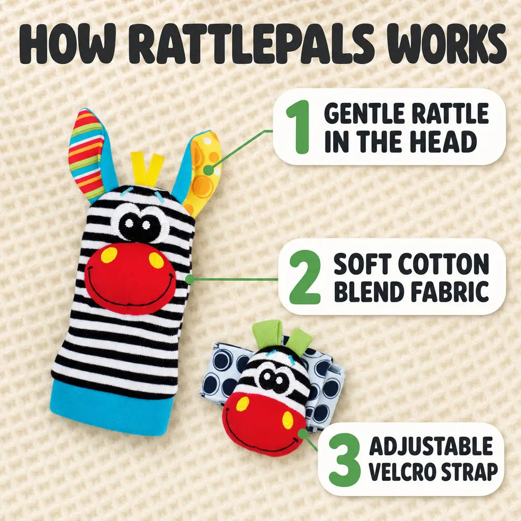 How RattlePals works: gentle rattle in the head, soft cotton blend fabric, adjustable velcro strap