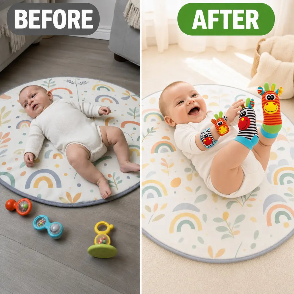 Before and after: bored baby with dropped rattles versus a happy baby wearing RattlePals