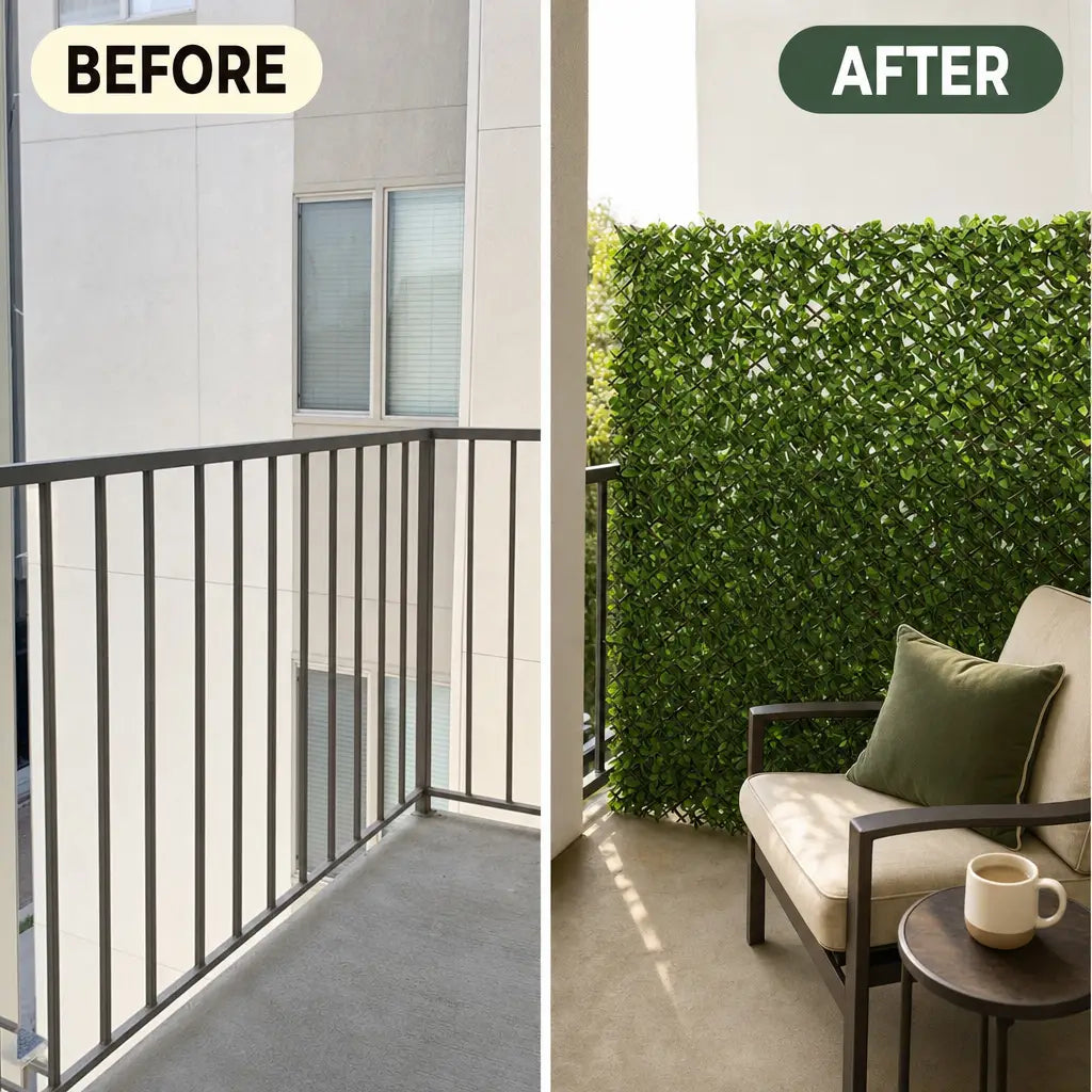 Before and after: bare balcony railing becomes a private green screen
