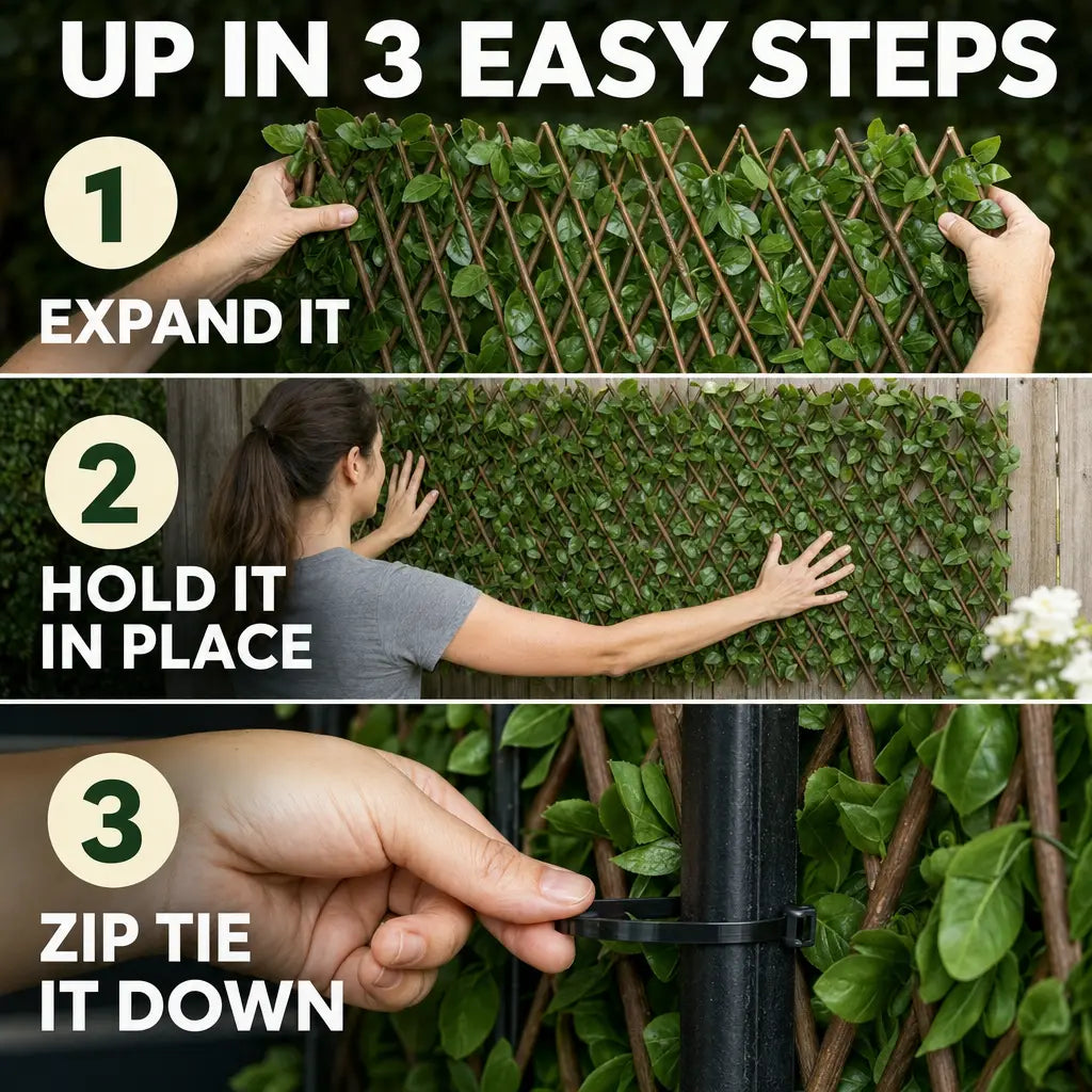 Up in three easy steps: expand, hold in place, zip tie it down