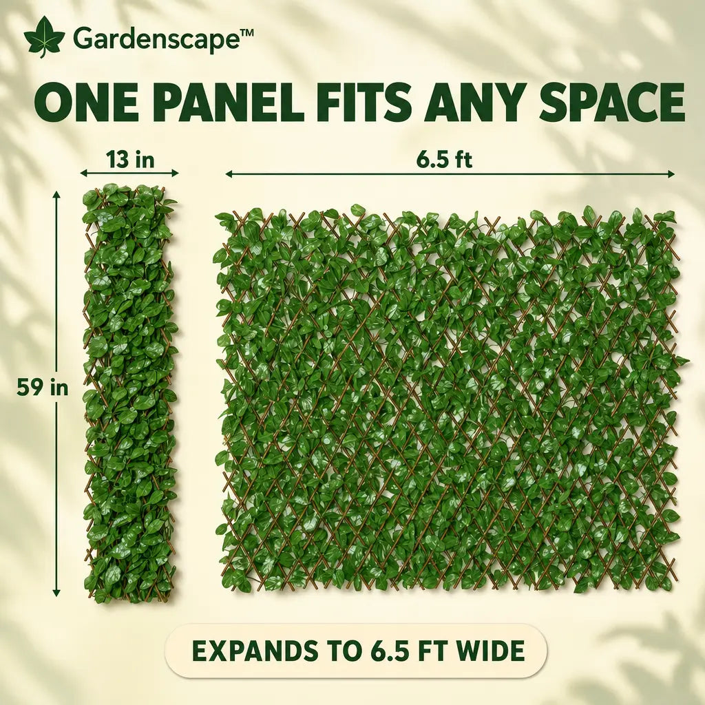 Gardenscape one panel fits any space, 13 in by 59 in closed, expands to 6.5 ft wide