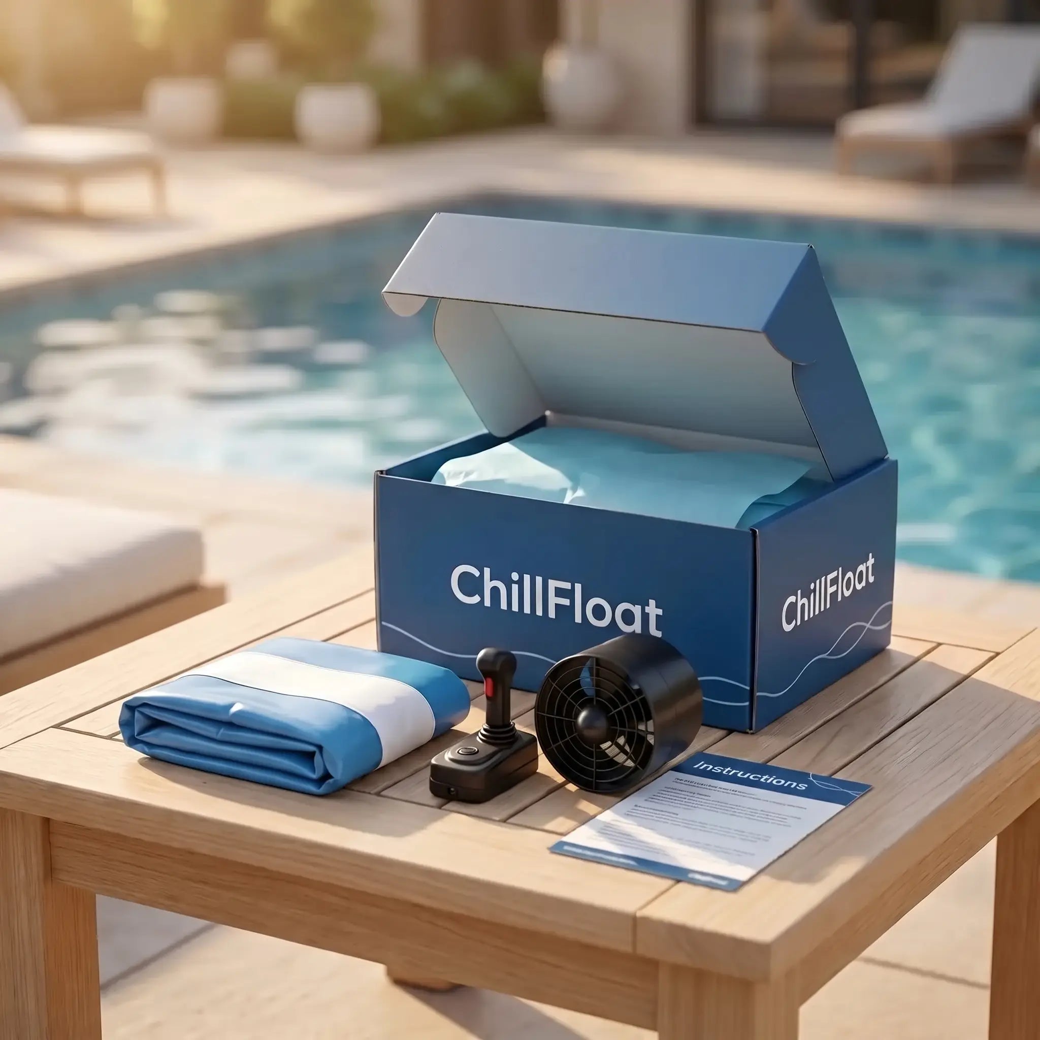 ChillFloat packaging with float, joystick, motor unit and instructions