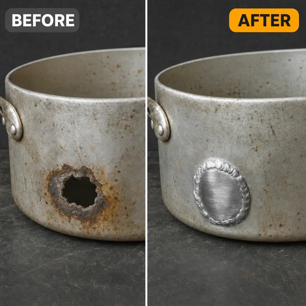 Before and after: aluminum pot with a hole, then repaired
