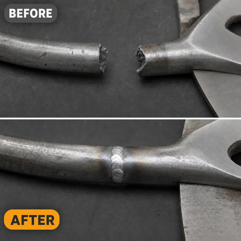 Before and after: snapped shear handle, then rejoined