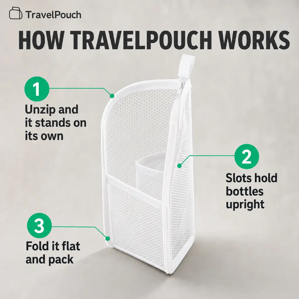 How TravelPouch works in three steps: unzip, stand, fold flat