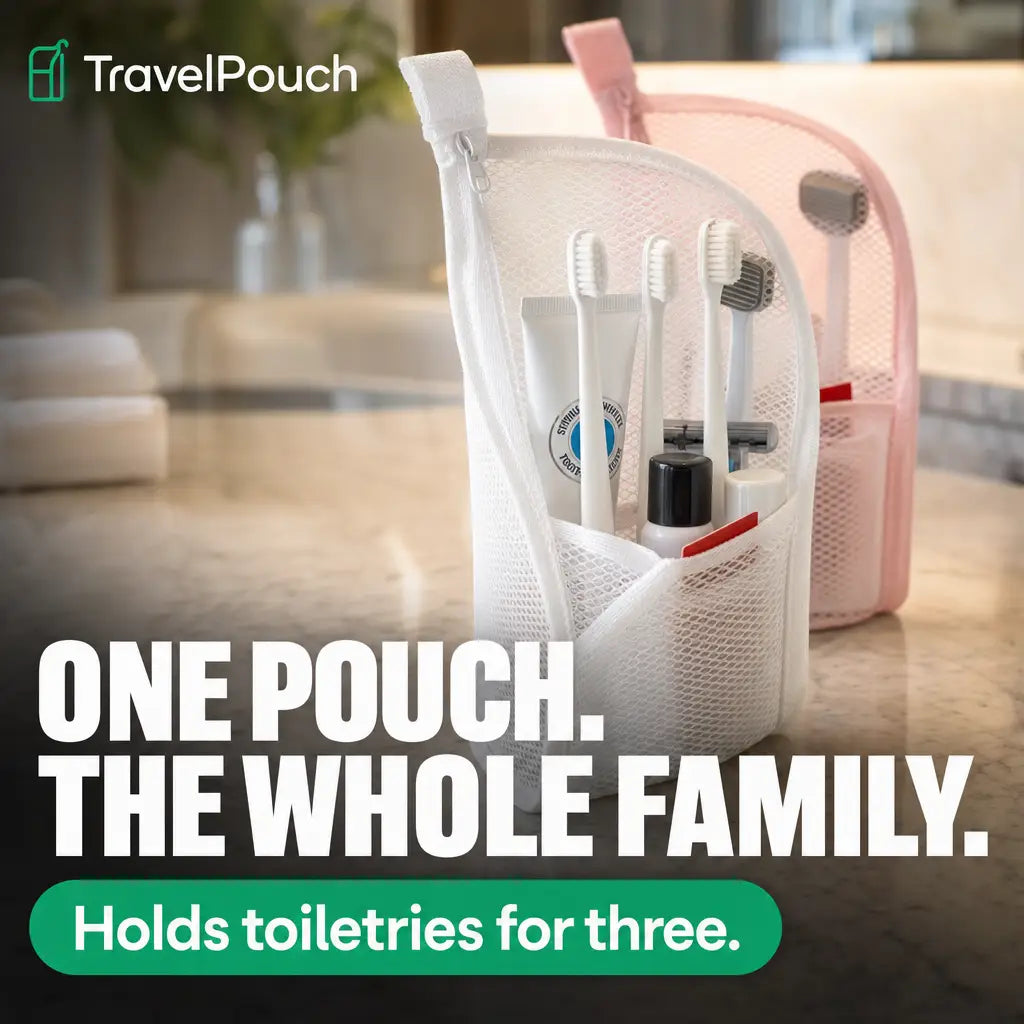 One TravelPouch holding toiletries for a family of three
