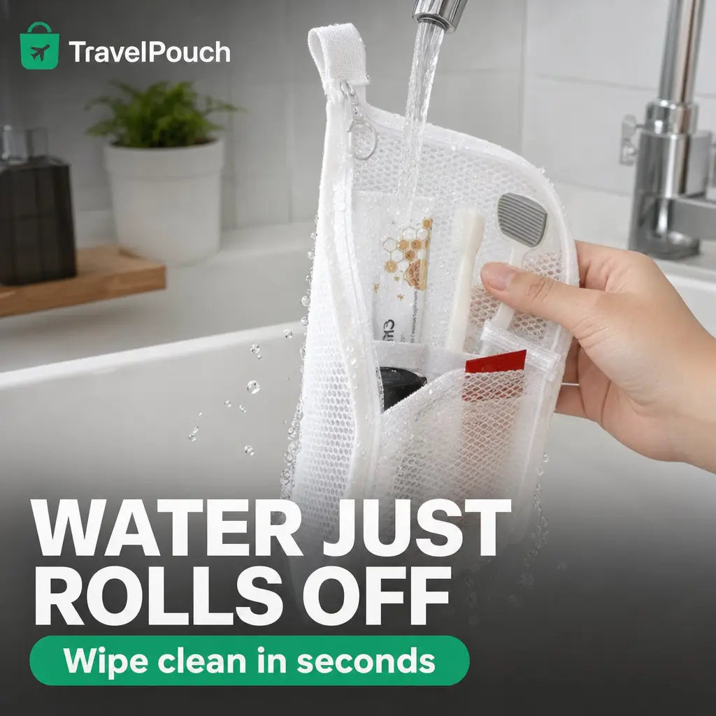 Water rolling off the water-repellent EVA mesh of the TravelPouch