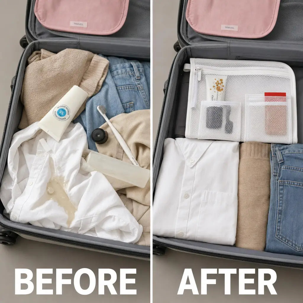 Before and after: messy suitcase versus a suitcase tidied with TravelPouch
