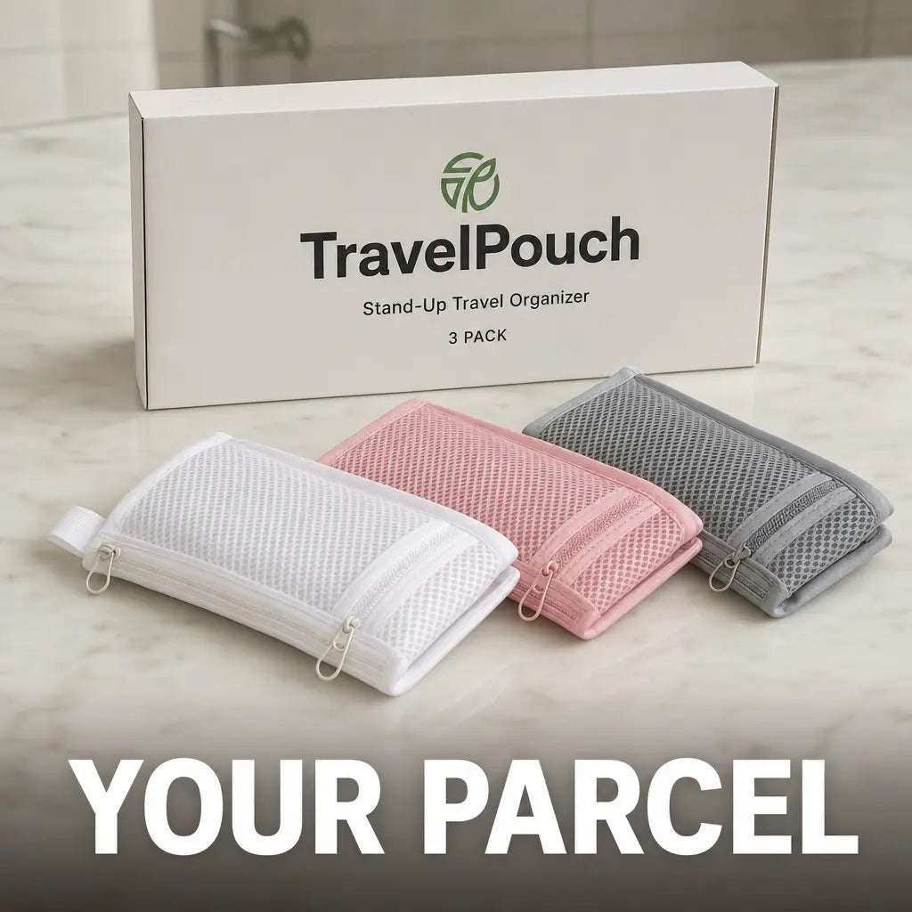TravelPouch branded 3 pack box with three folded pouches