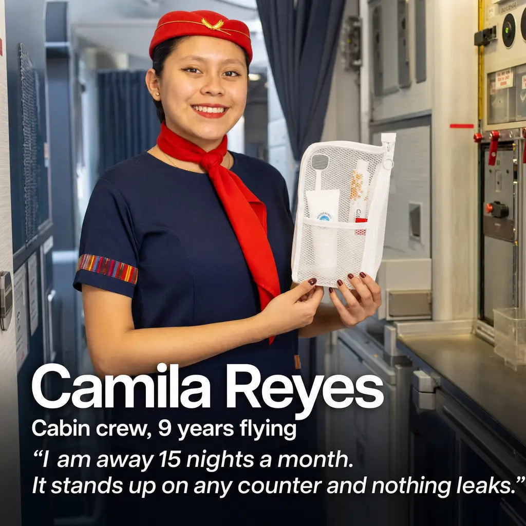 Cabin crew member recommending the TravelPouch stand-up organizer