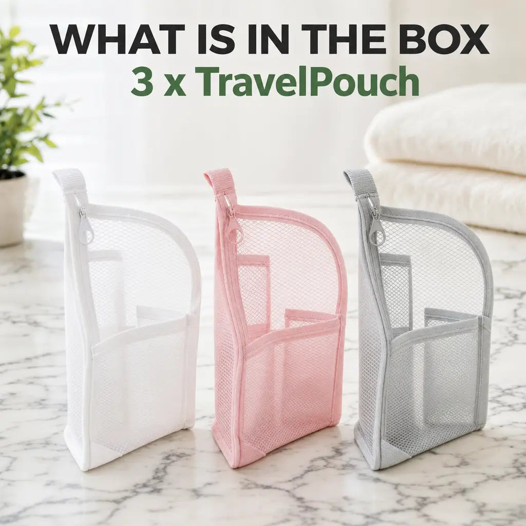 What is in the box: 3 x TravelPouch in white, pink and gray