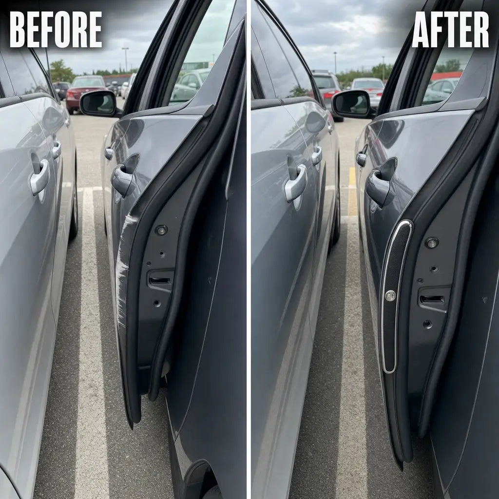 Before and after: scuffed door edge versus protected door edge in a parking lot