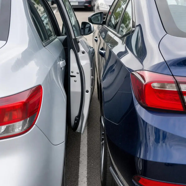 Car door open against a neighbouring car in a tight parking bay with no paint damage