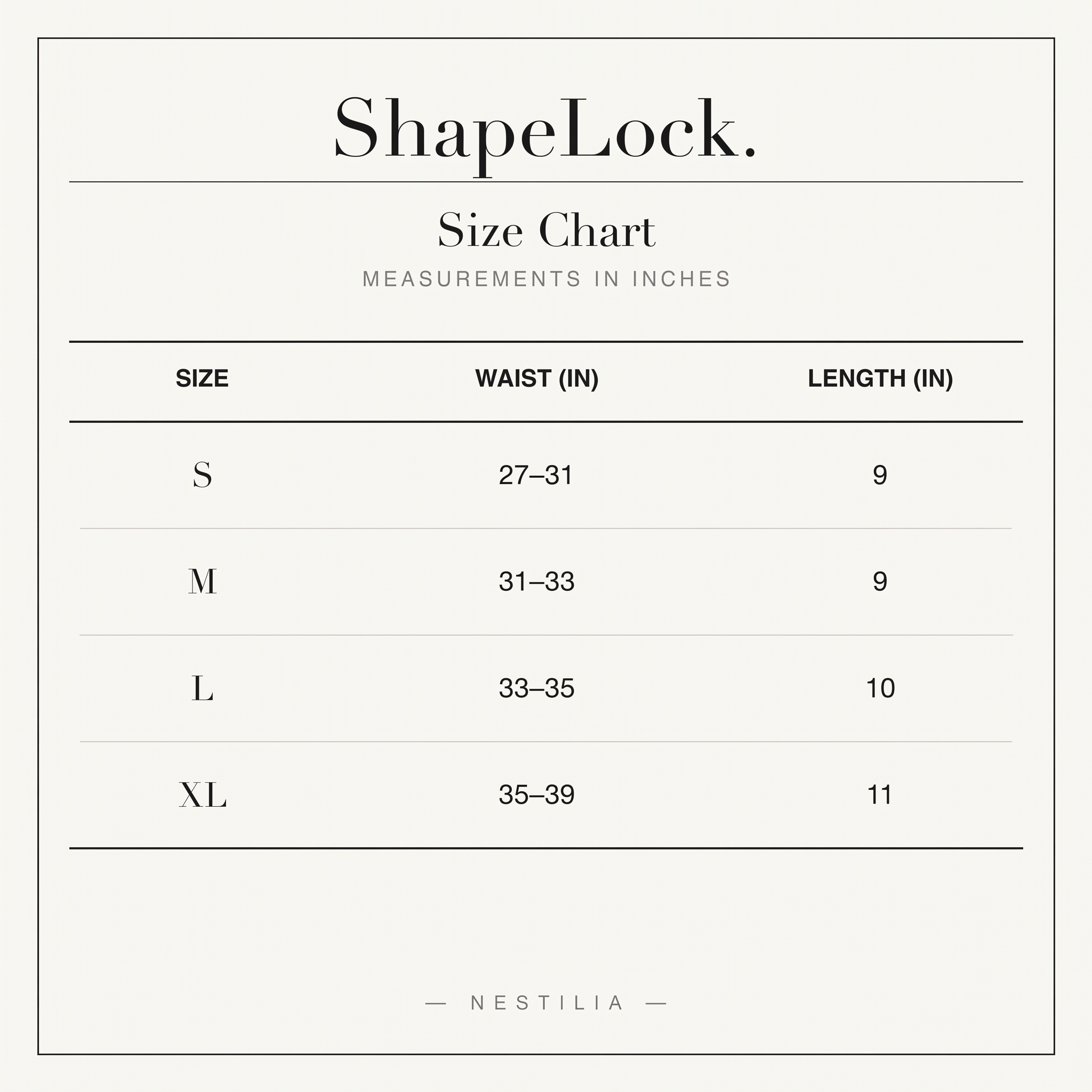 ShapeLock™ size chart